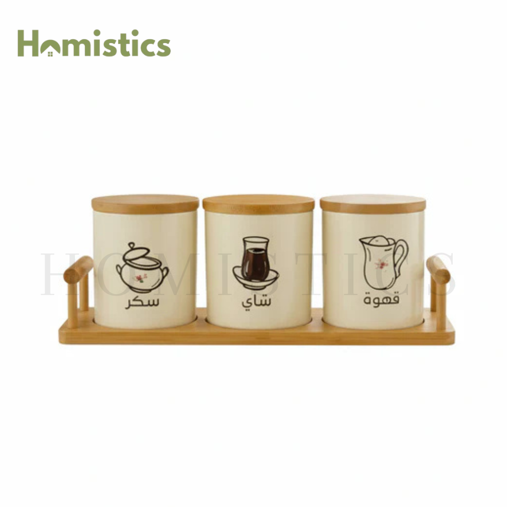 3-Piece Porcelain Air Tight Jar Set With Real Bamboo Wood Stand