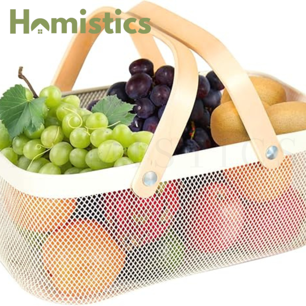Eden & Willow Mesh Wire Metal Storage Basket with Double Wooden Handle