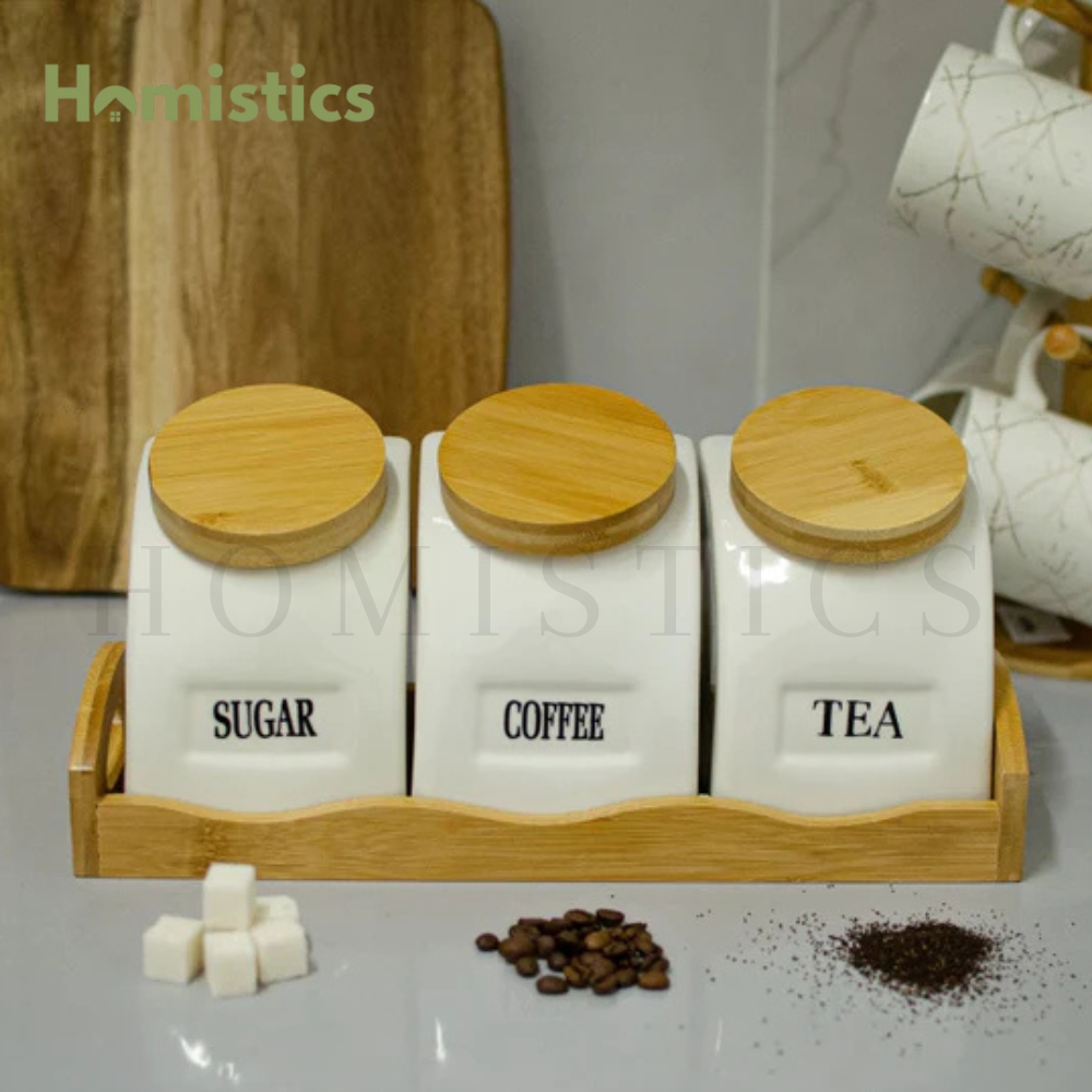 3-Piece Porcelain Air Tight Jar Set With Real Bamboo Wood Stand