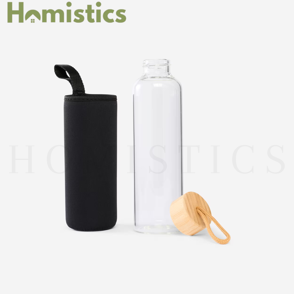 1000ml Borosilicate Glass Water Bottle with Bamboo Lid & Protective Neoprene Sleeve