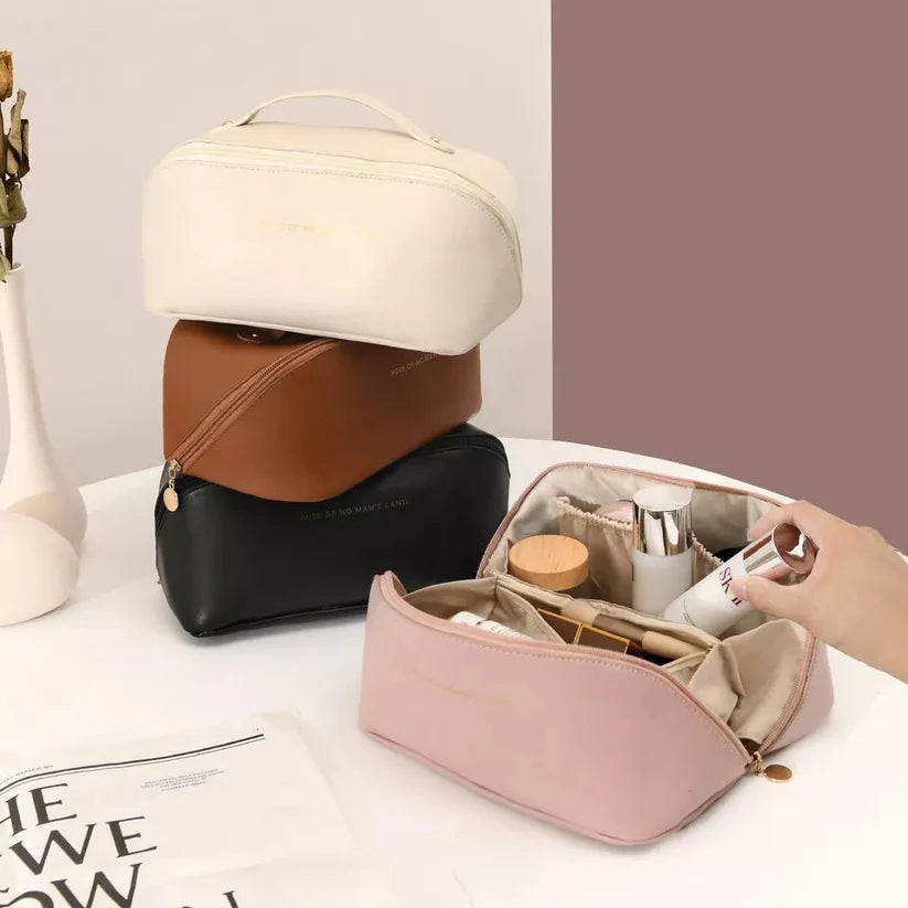 Classy Leather Cosmetic Bag, Portable Makeup Pouch for Travel