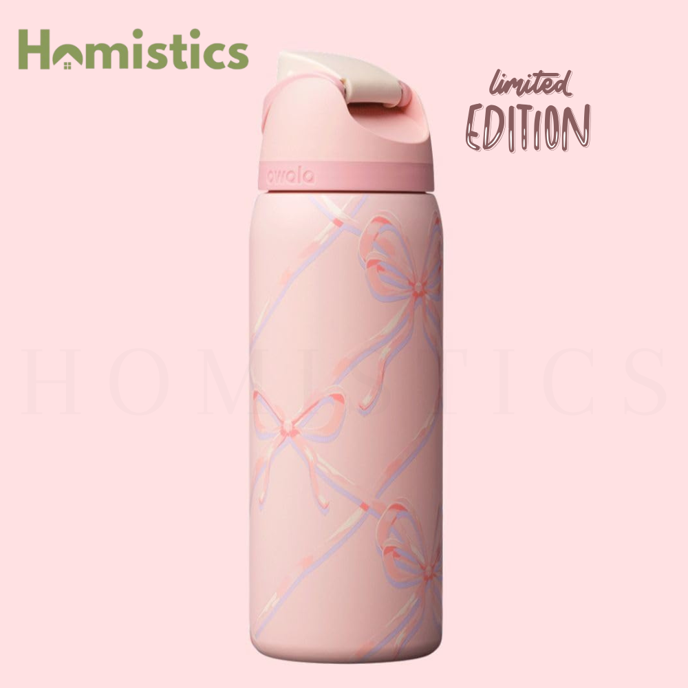 Pink water bottle with floral design and 'Homistics' branding on a white background