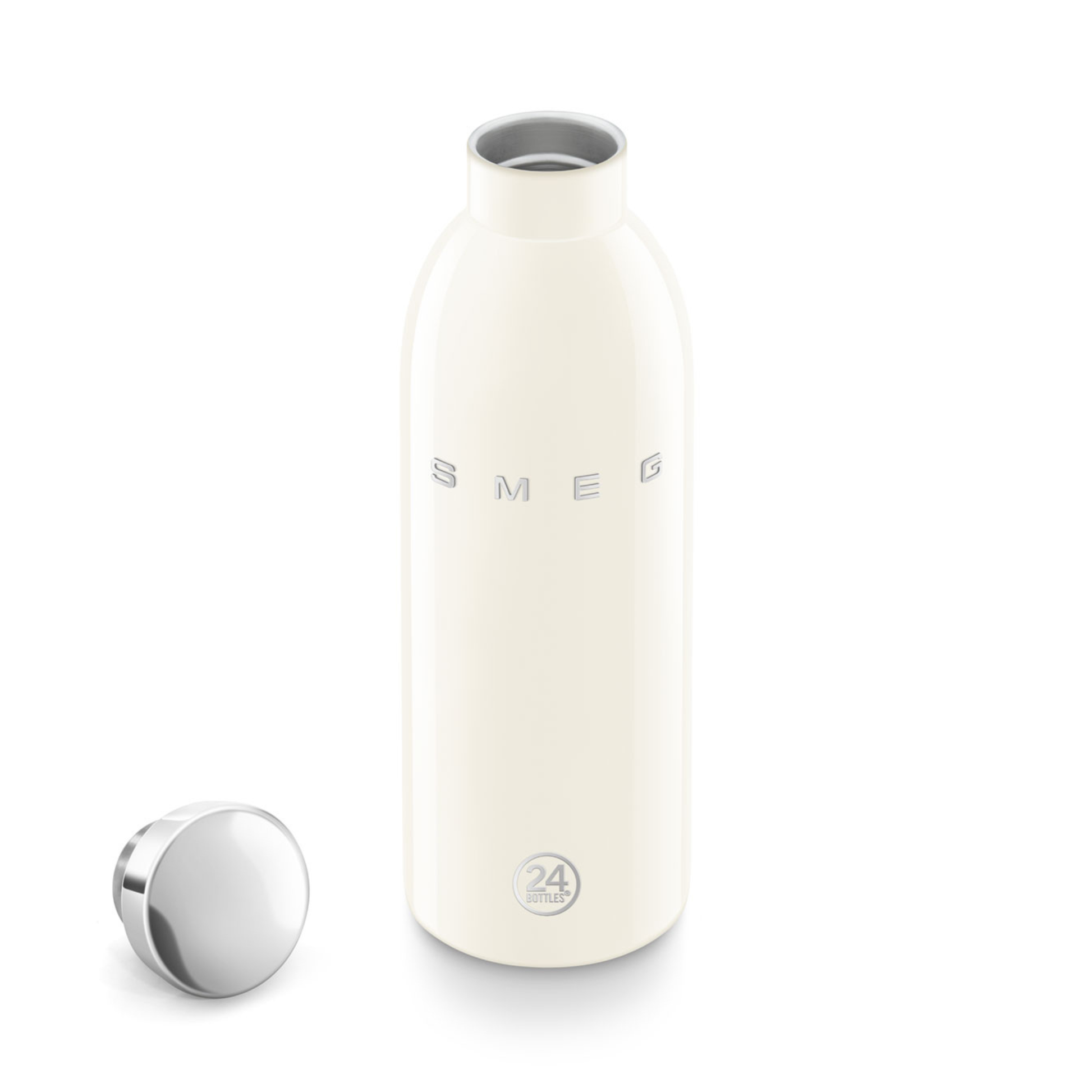 White thermos bottle with silver cap on a white background