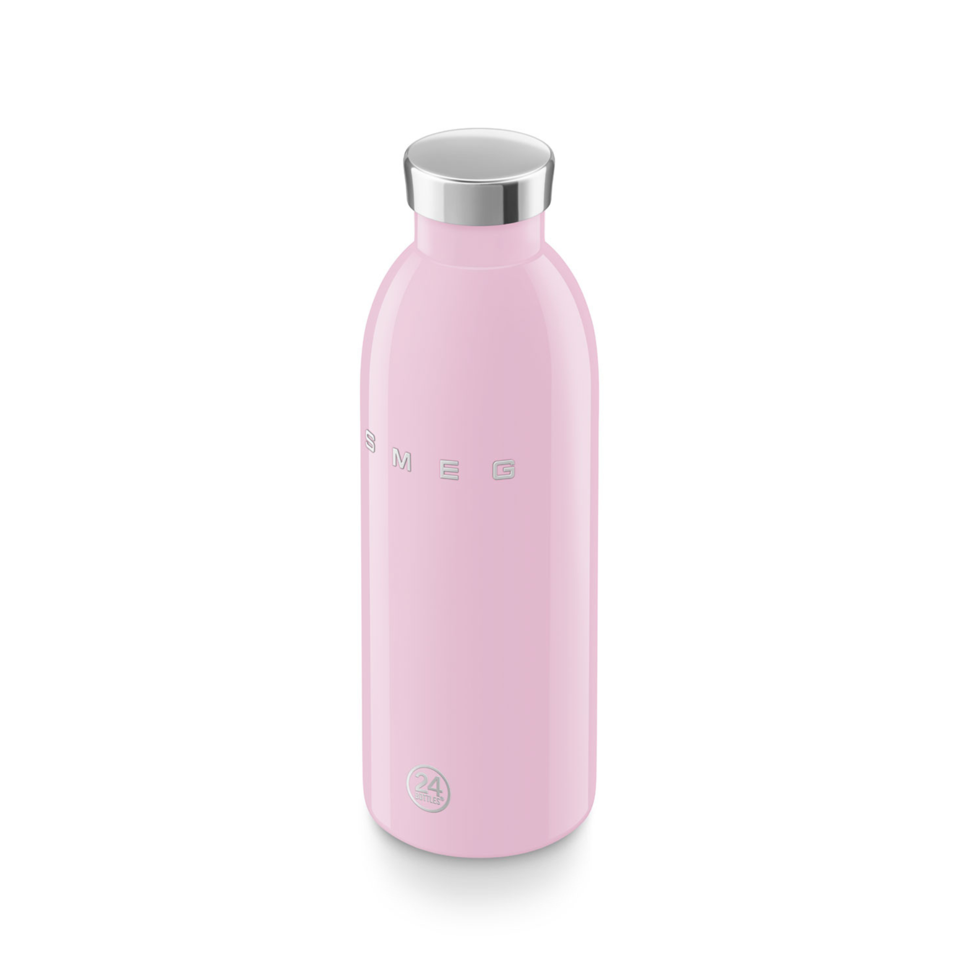 Pink water bottle with silver cap on a white background